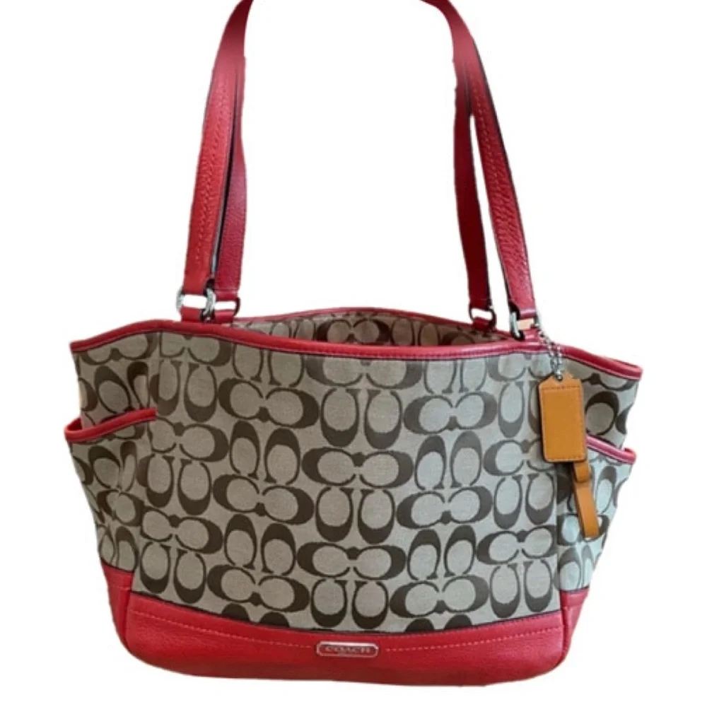 Coach Park Signature Carrie Tote Shoulder Bag Purse ~Vermilion~ EUC - Picture 4 of 10